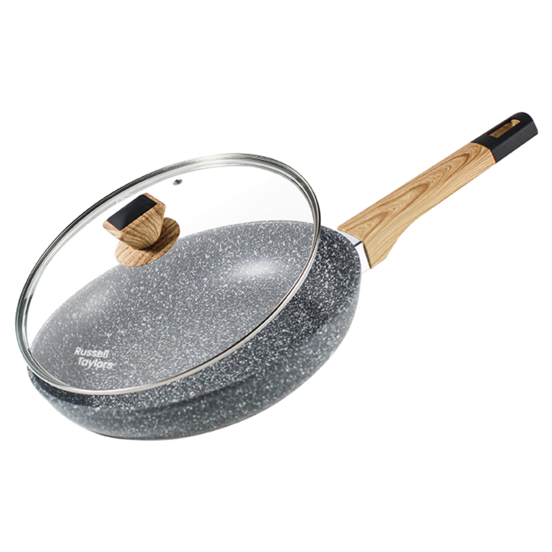 Frying Pan Nonstick Ceramic Marble Stone Anti Scratch Wooden Handle Lid  Sets UK